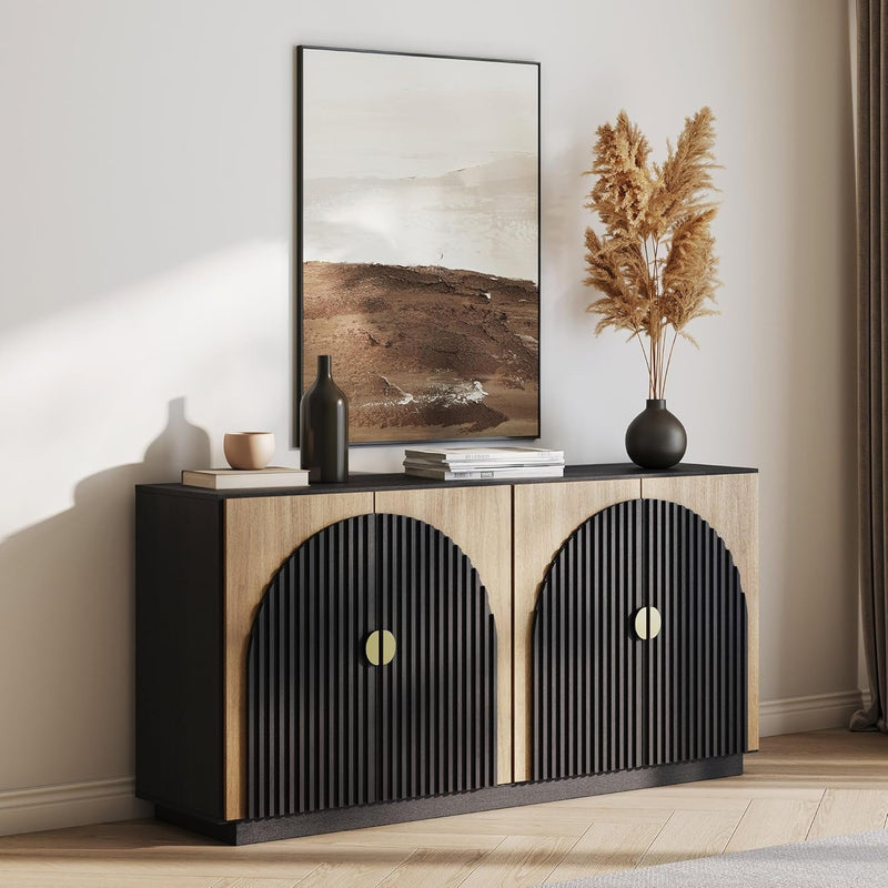 65 Inch Fluted Buffet Cabinet with Storage, Symmetrical Arc Accent Sideboard Large Console Table for Dining Room, Kitchen, and Living Room (Camel)-2