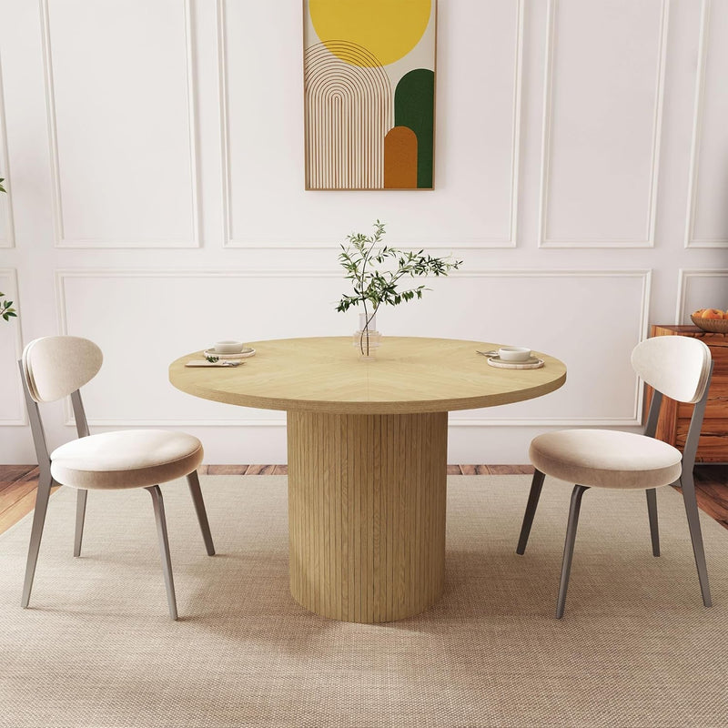 47 Inch round Dining Table, Farmhouse Fluted Dining Kitchen Table, Modern Wood Small Circle Dining Table for Kitchen Living Room, Natural-0