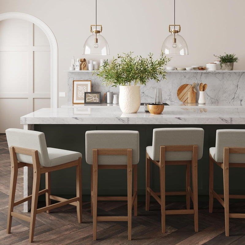 Gracie Modern Counter Height Bar Stool with Back, Counter Stool Upholstered Chair with Natural Flax White Fabric and Brushed Wooden Legs, Natural Flax/Brown, Set of 4-0