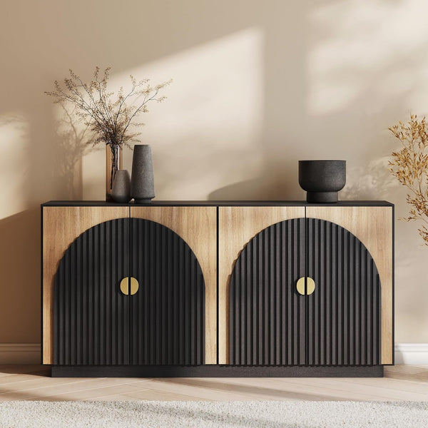 65 Inch Fluted Buffet Cabinet with Storage, Symmetrical Arc Accent Sideboard Large Console Table for Dining Room, Kitchen, and Living Room (Camel)-0