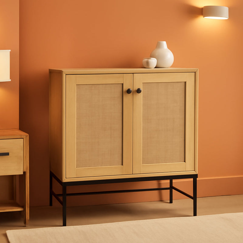 2-Door Rattan Storage Cabinet, Accent Furniture, Multifunctional Cupboard for Living Room, Hallway, Kitchen, Sideboard, Buffet Table W/Non-Scratch Foot Pads - Natural-0