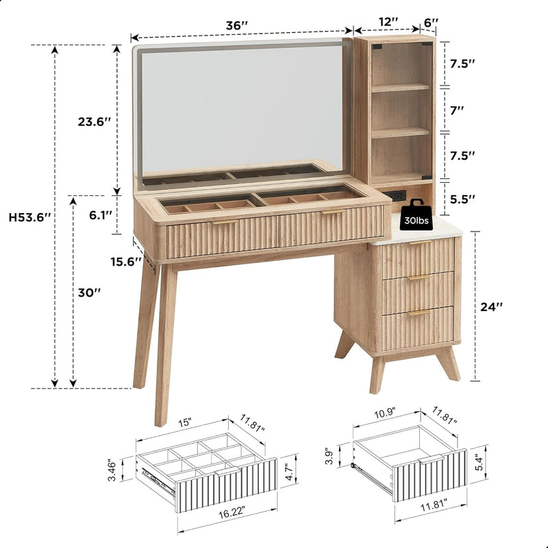 48" Fluted Makeup Vanity Desk with Large 36" Mirror and Lights, Modern Glass Top Big Vanity Table with 5 Drawers & Adjustable Shelves, Dressing Table Set W/Charging Station for Bedroom, Oak-1