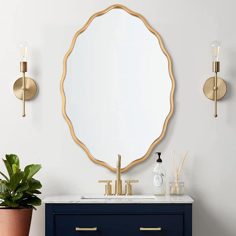 Large Modern Brushed Gold Oval Ripple Bathroom Mirror - Wall Mounted, Ideal for Washroom, Bedroom, Living Room, and Entryway - 24 x 36 Inch-1