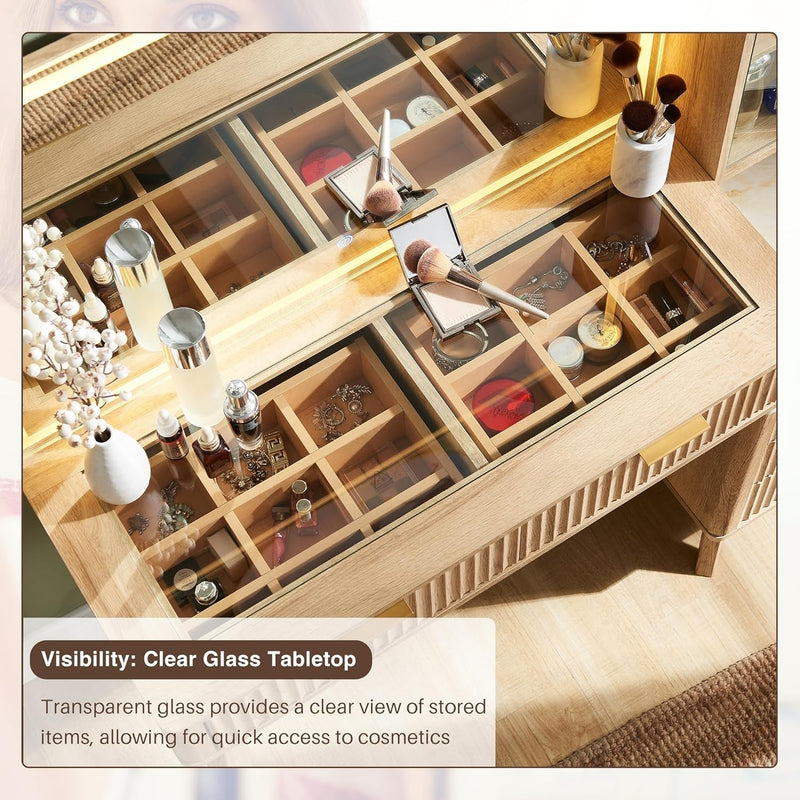 48" Fluted Makeup Vanity Desk with Large 36" Mirror and Lights, Modern Glass Top Big Vanity Table with 5 Drawers & Adjustable Shelves, Dressing Table Set W/Charging Station for Bedroom, Oak-4