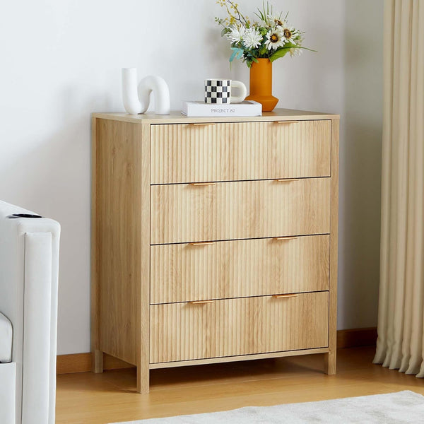 4 Drawer Dressers for Bedroom, Modern Closet Chest of Drawers with Waveform Fluted Panel, Large Wood Storage Dresser Organizer for Nursery Bedroom Living Room Hallway Closet, Natural-0