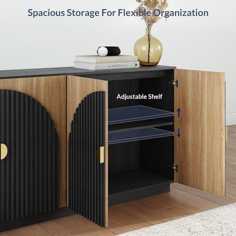 65 Inch Fluted Buffet Cabinet with Storage, Symmetrical Arc Accent Sideboard Large Console Table for Dining Room, Kitchen, and Living Room (Camel)-4