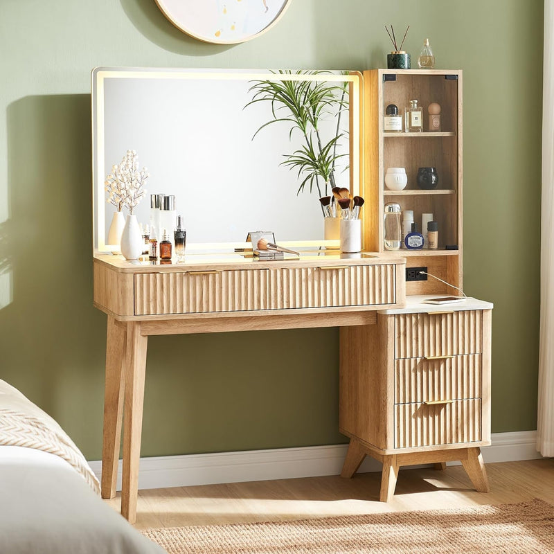 48" Fluted Makeup Vanity Desk with Large 36" Mirror and Lights, Modern Glass Top Big Vanity Table with 5 Drawers & Adjustable Shelves, Dressing Table Set W/Charging Station for Bedroom, Oak-0