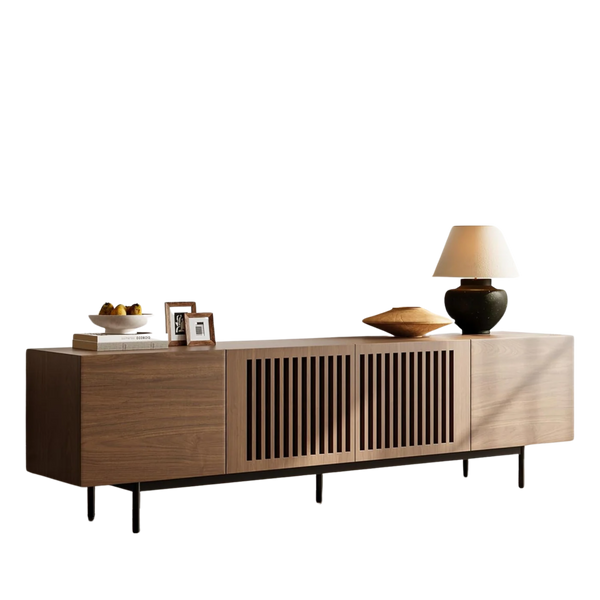 Slatted Media Console TV Cabinet with Tall-Cast Metal Legs