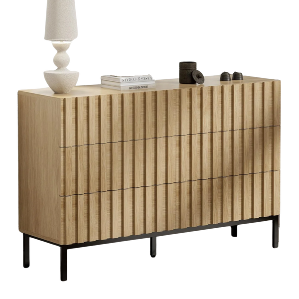 Natural Fluted 6-Drawer Double Dresser With Metal Stand