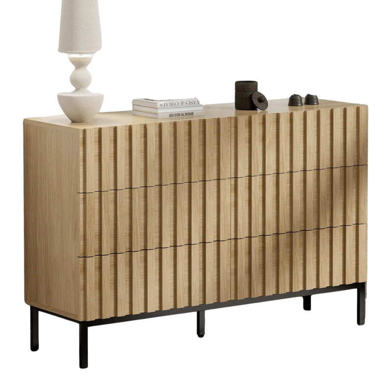 Natural Fluted 6-Drawer Double Dresser With Metal Stand