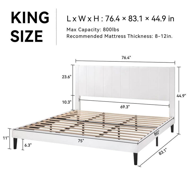 King size White Velvet Upholstered Platform Bed Frame with Headboard-4