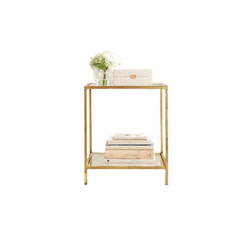 Square Accent Side Table Gold Metal Frame Glass Top Bottom Shelf Sofa Table