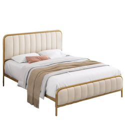 Queen Size Gold Metal Bed Frame with Off-White Upholstered Headboard