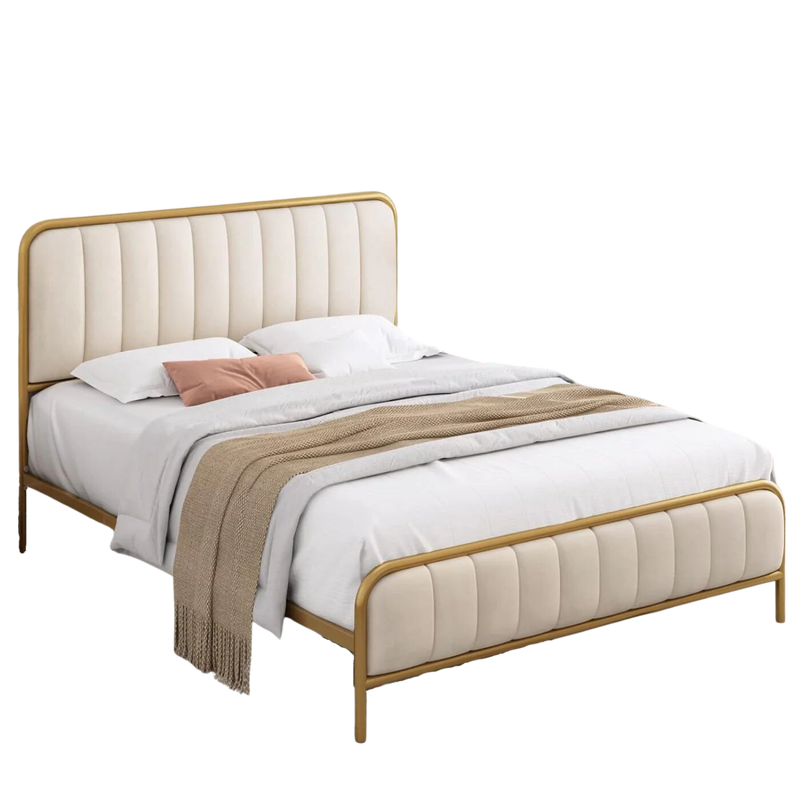 Queen Size Gold Metal Bed Frame with Off-White Upholstered Headboard