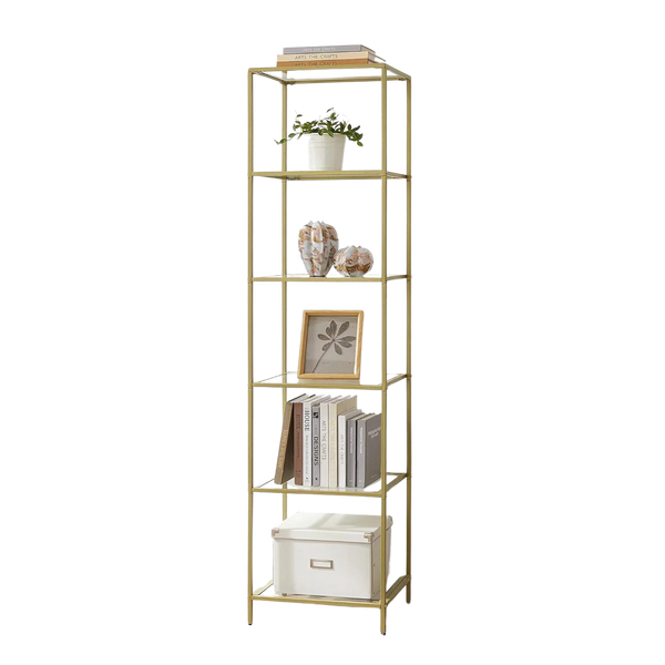 Narrow 5-Tier Glass Shelf With Gold Metal Frame