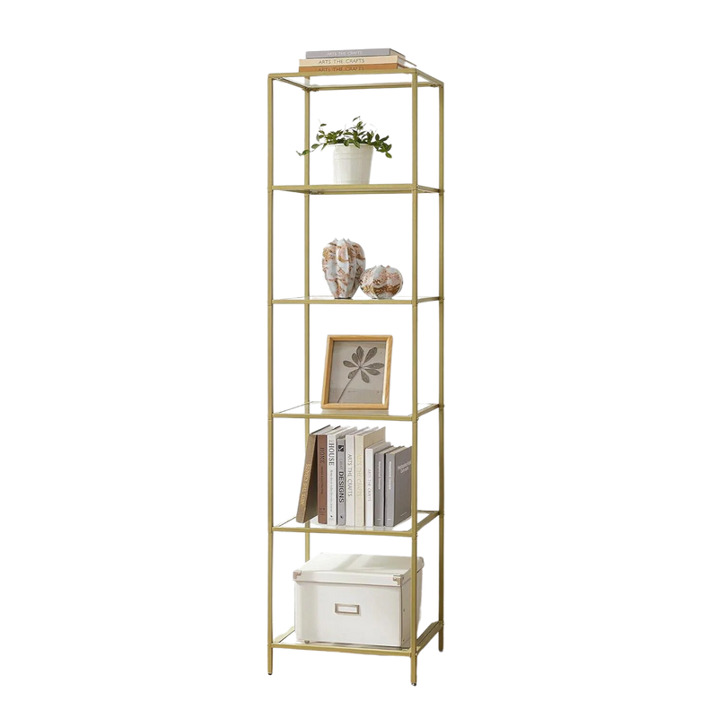 Narrow 5-Tier Glass Shelf With Gold Metal Frame
