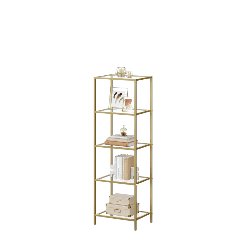 Narrow 4-Tier Glass Shelf With Gold Metal Frame