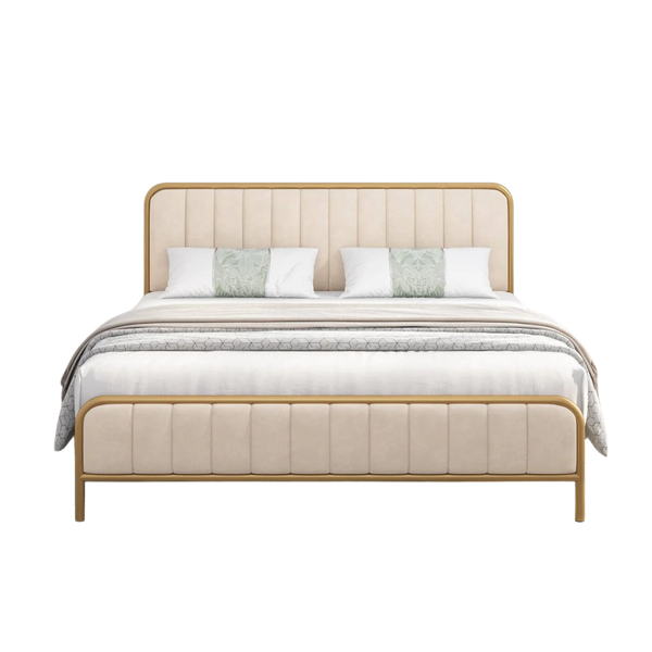 King Size Gold Metal Platform Bed Frame With Off-White Upholstered Headboard