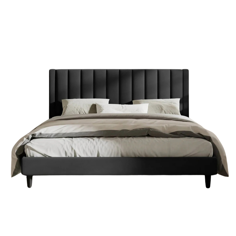 King Size Black Velvet Upholstered Platform Bed Frame With Headboard