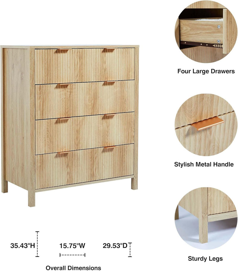 4 Drawer Dressers for Bedroom, Modern Closet Chest of Drawers with Waveform Fluted Panel, Large Wood Storage Dresser Organizer for Nursery Bedroom Living Room Hallway Closet, Natural-4