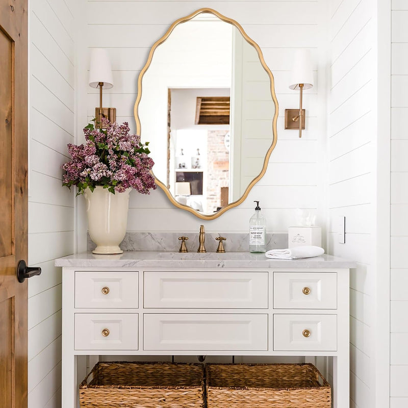 Large Modern Brushed Gold Oval Ripple Bathroom Mirror - Wall Mounted, Ideal for Washroom, Bedroom, Living Room, and Entryway - 24 x 36 Inch-0